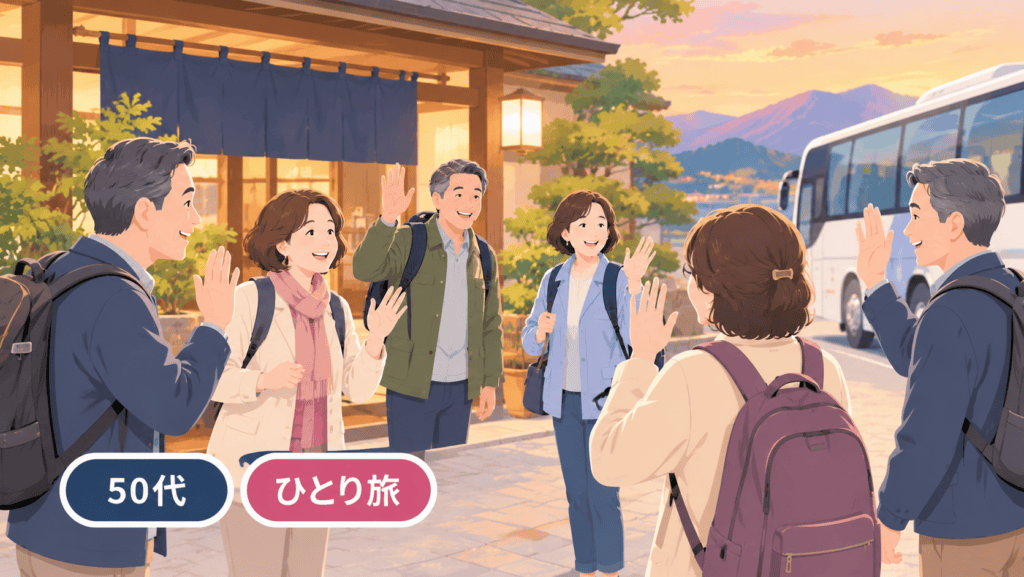一人参加限定ツアーで旅仲間になった50代の男女が、旅の終わりにあいさつを交わすイラスト。