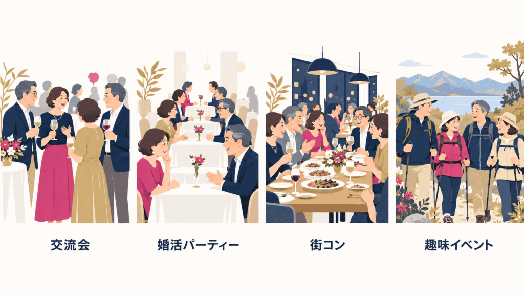 50代向けの出会いイベント4種類（交流会・婚活パーティー・街コン・趣味イベント）の場面を並べた図。
