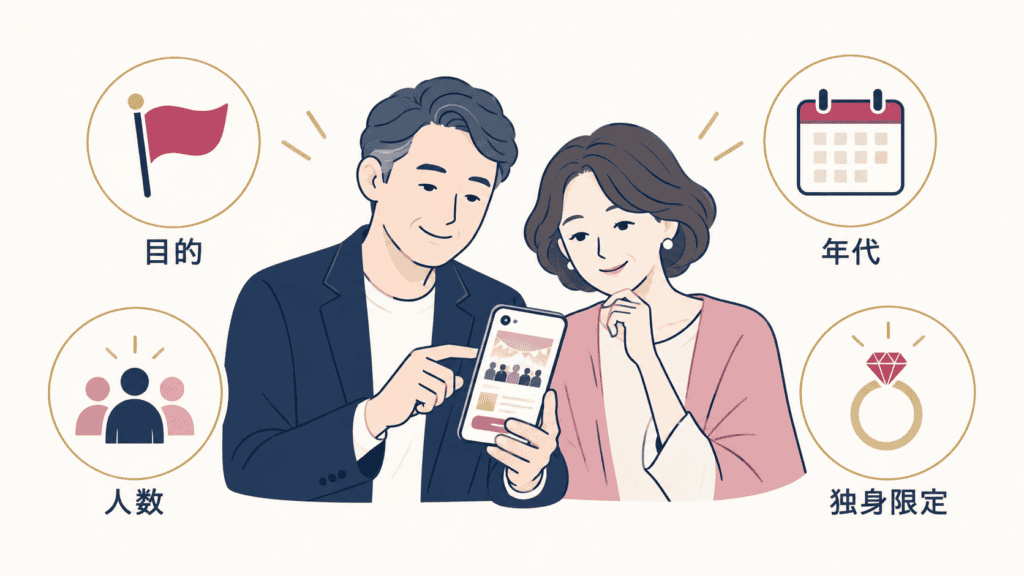 50代が出会いイベントを選ぶときの4つの物差し（目的・年代・人数・独身限定）の図。