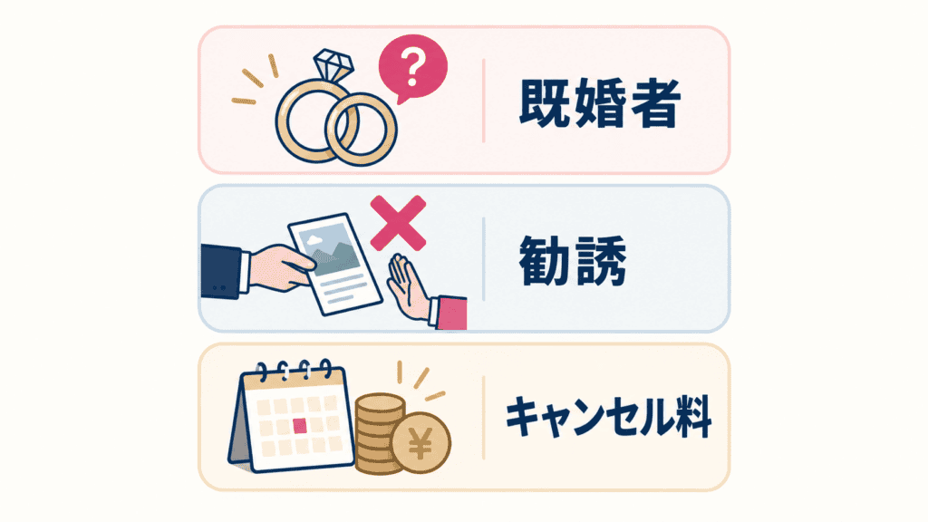 出会いイベントで気をつけたい3つのこと（既婚者・勧誘・キャンセル料）の図。