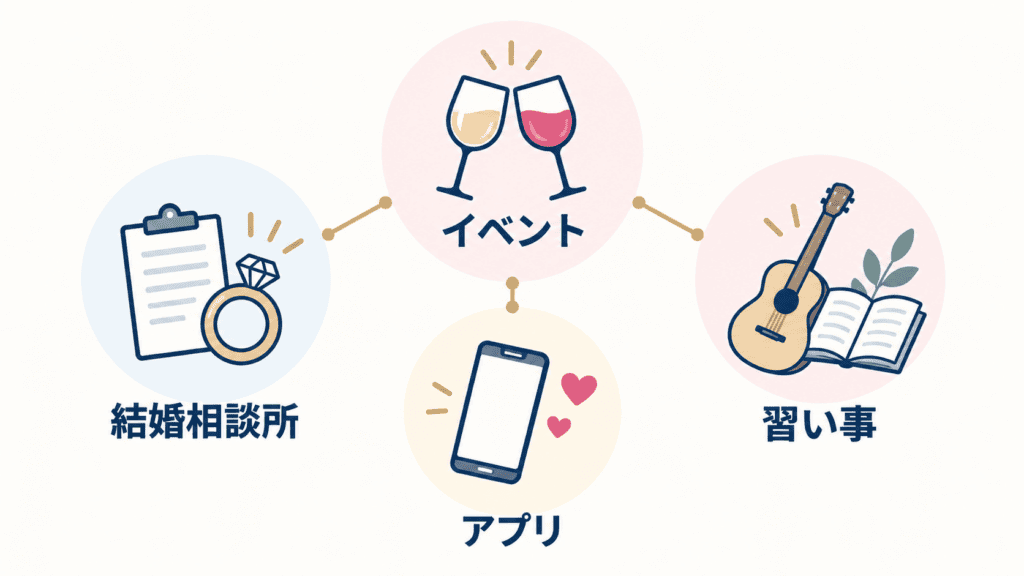 出会いイベントと結婚相談所・マッチングアプリ・習い事の組み合わせ方の図。