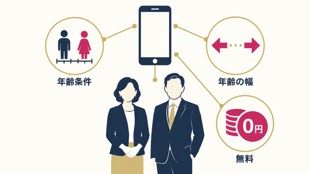 40代50代がマッチングアプリを選ぶときの3つの基準(年齢条件・年齢の幅・無料の範囲)の図。