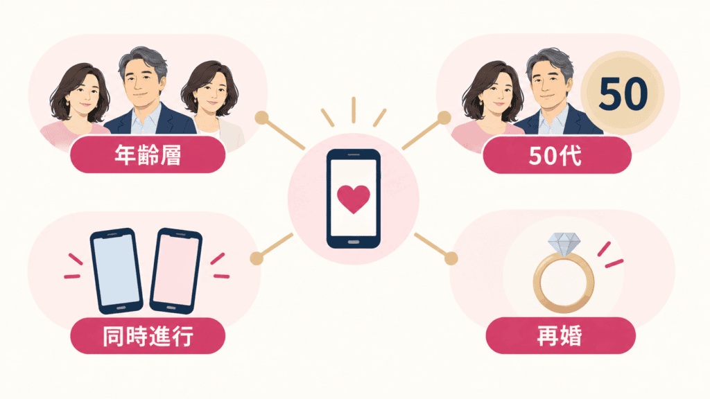 40代50代のマッチングアプリの悩み別の入口(年齢層・50代・同時進行・再婚)。