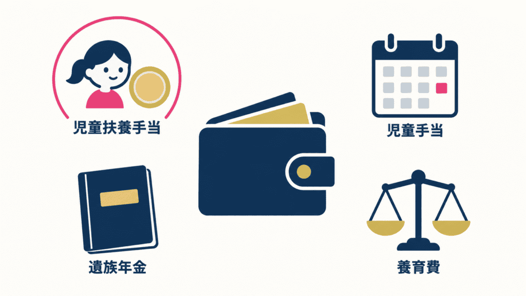 子連れ再婚で見直しが必要になる手当・年金・養育費を並べた図。