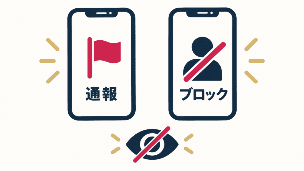 サイト内の通報機能とブロック(無視リスト)の2つの機能。