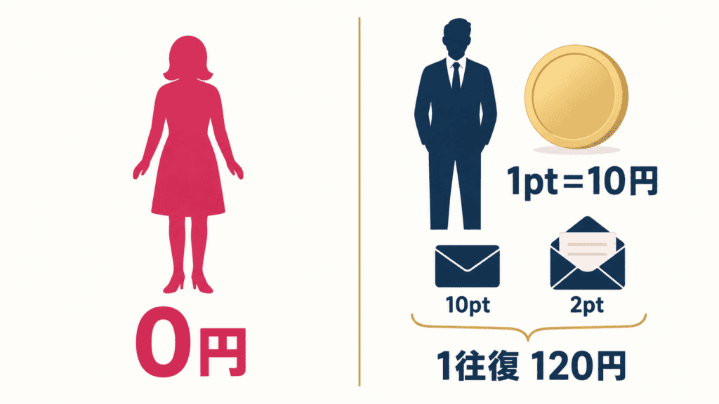 女性は無料、男性は1ポイント10円のポイント制という華の会メールの料金のしくみ。