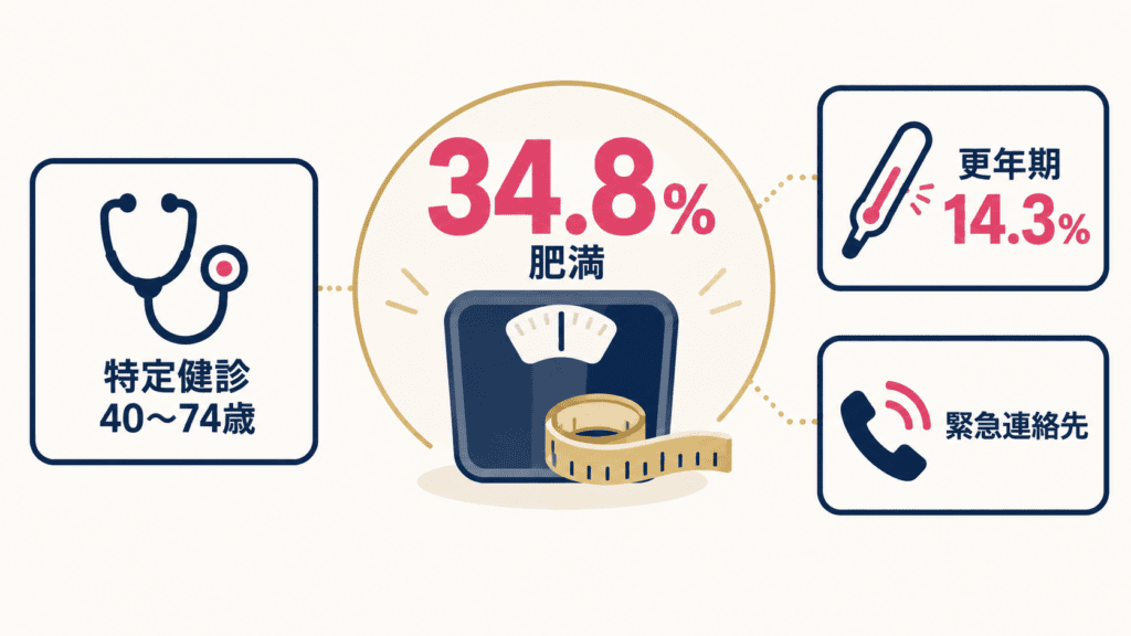 50代男性の肥満の割合と、特定健診・更年期・緊急連絡先の3つの確認ポイント。