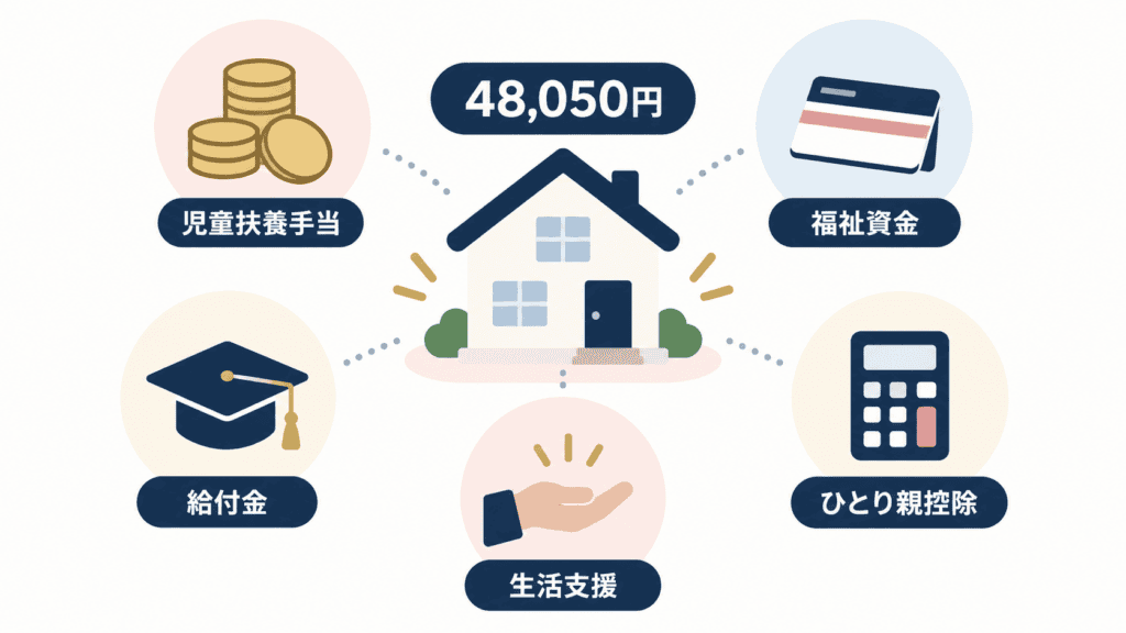 母子家庭・ひとり親家庭が使える主な支援制度を並べた図。