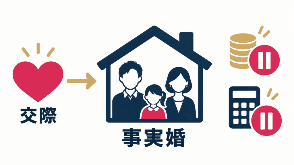 交際から事実婚にあたる暮らしに変わると、手当や控除が変わることを示した図。