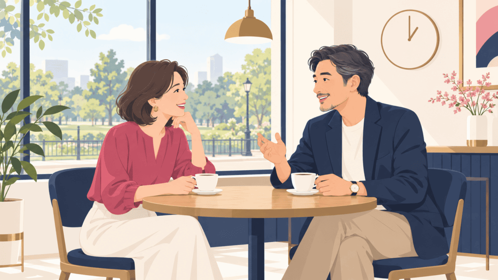 昼の時間に落ち着いて話す40代の男女のイメージ。
