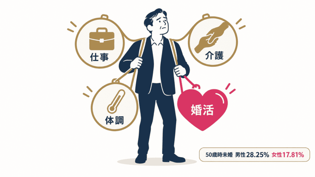 仕事・介護・体調を抱えたまま婚活を進める40〜60代のイメージ図。