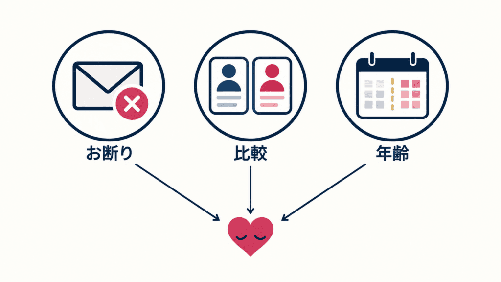 断られる・比べる・年齢の壁という3つの原因を示す図。