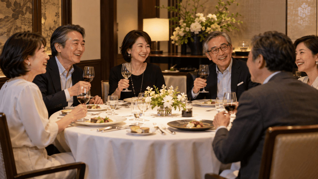 少人数の食事会で同年代の大人が会話している写真。