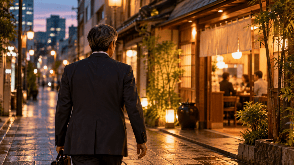 夕方の街を歩き出す大人の後ろ姿の写真。