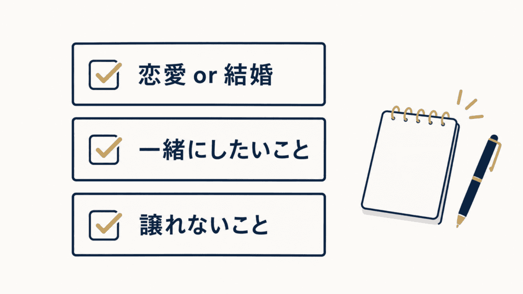恋愛を始める前に整理しておきたい3つの項目をチェックリストにした図。