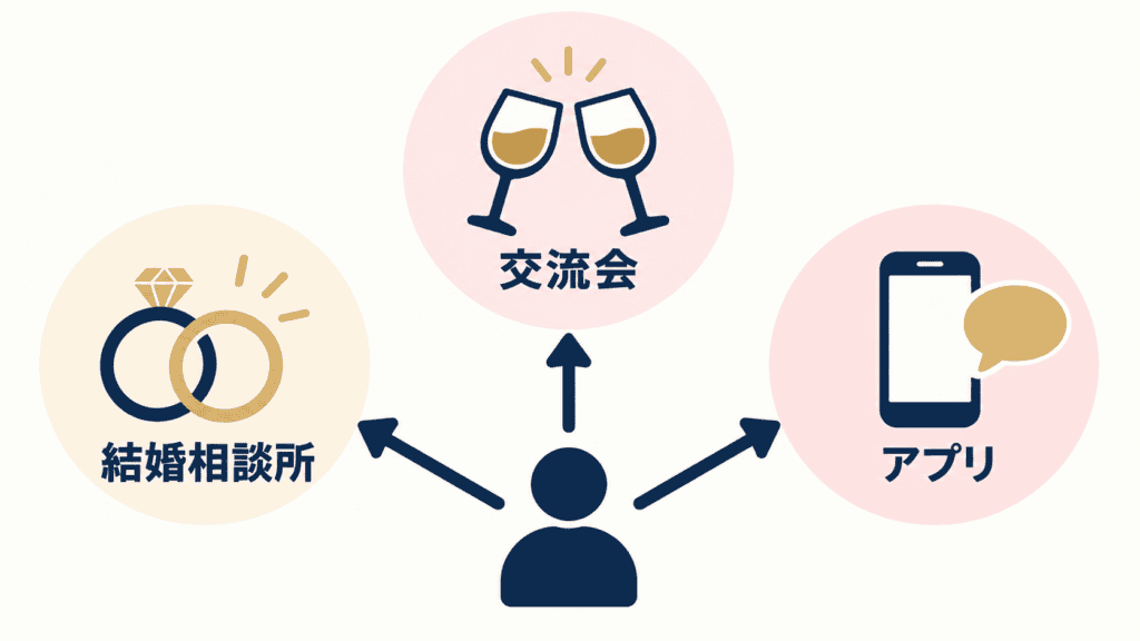 話す練習・結婚前提・文章のやりとりという目的別に見た出会い方の図。