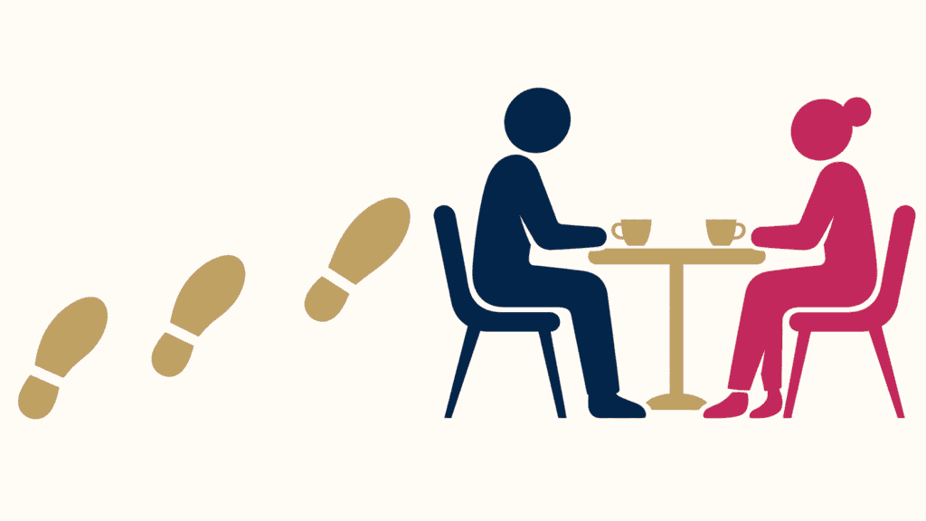 小さな一歩を重ねて、同年代の人と向かい合って話す場面へ進むイメージ図。