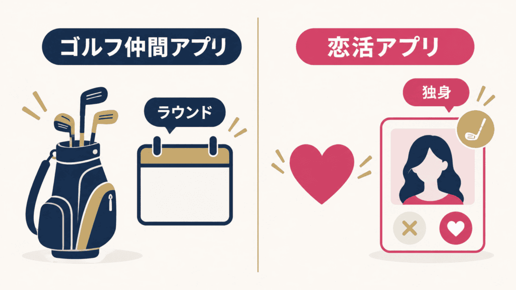 ラウンド相手を探すゴルフ仲間アプリと、独身の相手を趣味から探す恋活アプリの比較図。