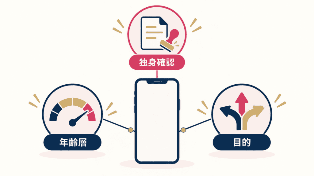 独身確認・年齢層・目的の3つの基準でアプリを選ぶ図。