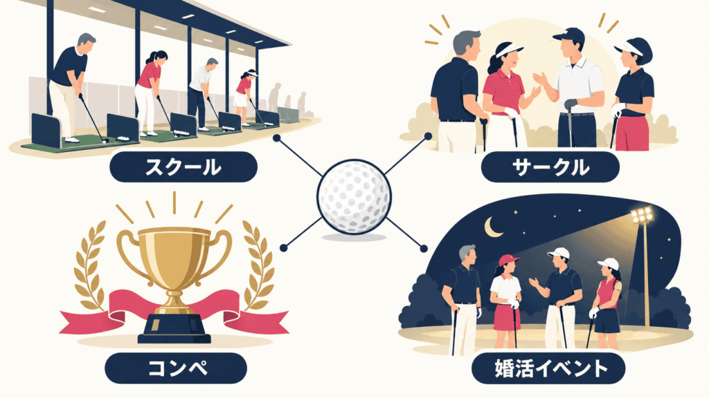スクール・サークル・コンペ・婚活イベントの4つのゴルフの出会いの場。