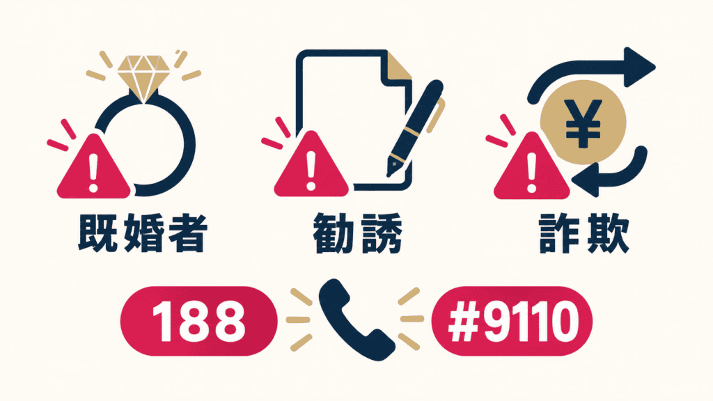 既婚者・勧誘・ロマンス詐欺の3つの注意点と相談窓口の番号。