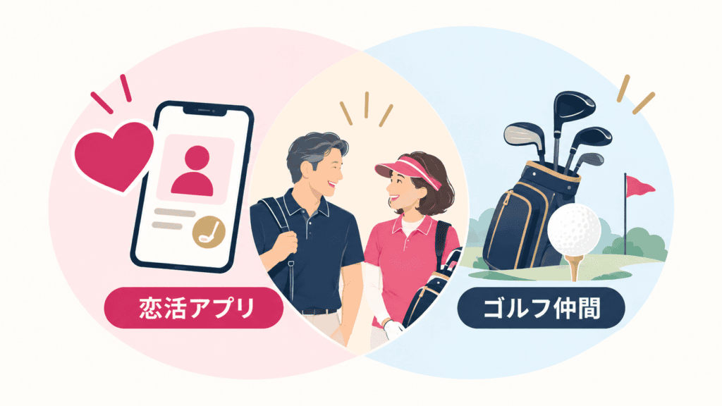 恋活アプリとゴルフの場を組み合わせて出会いを広げるイメージ。