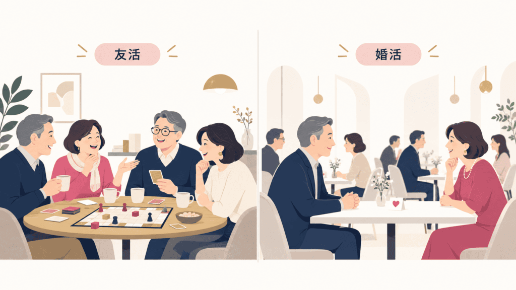 友達づくりが目的の友活イベントと、結婚相手探しが目的の婚活パーティーを並べた図。