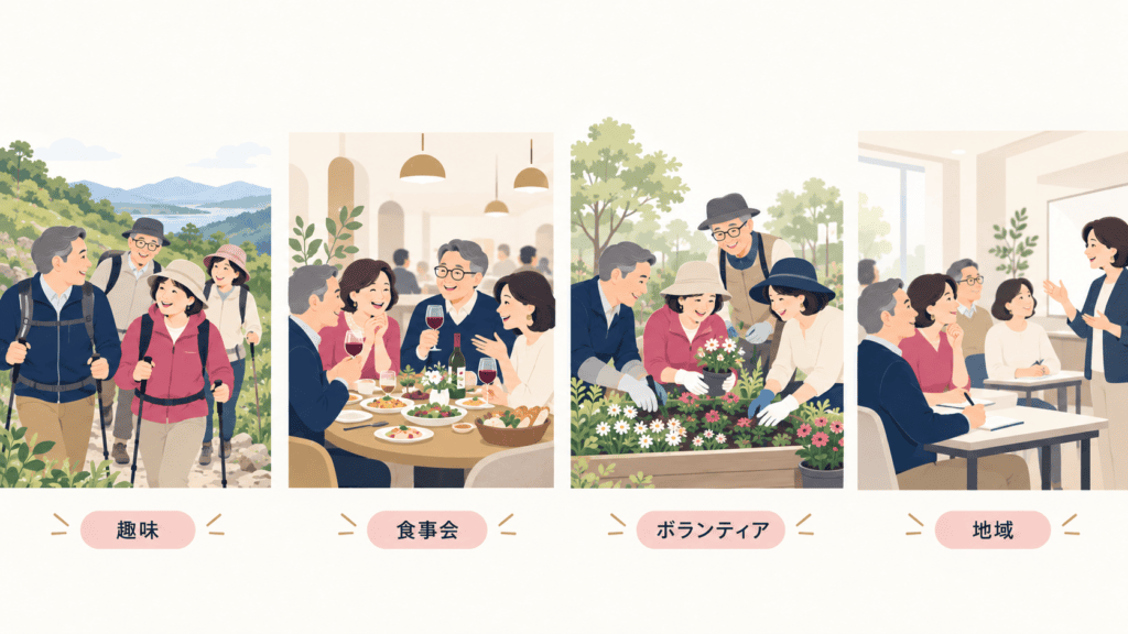 趣味・食事会・ボランティア・地域の4タイプの友活イベントを並べた図。