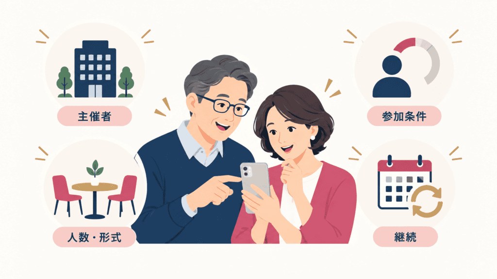 友活イベントを選ぶときの4つの物差し(主催者・参加条件・人数と形式・続けやすさ)の図。