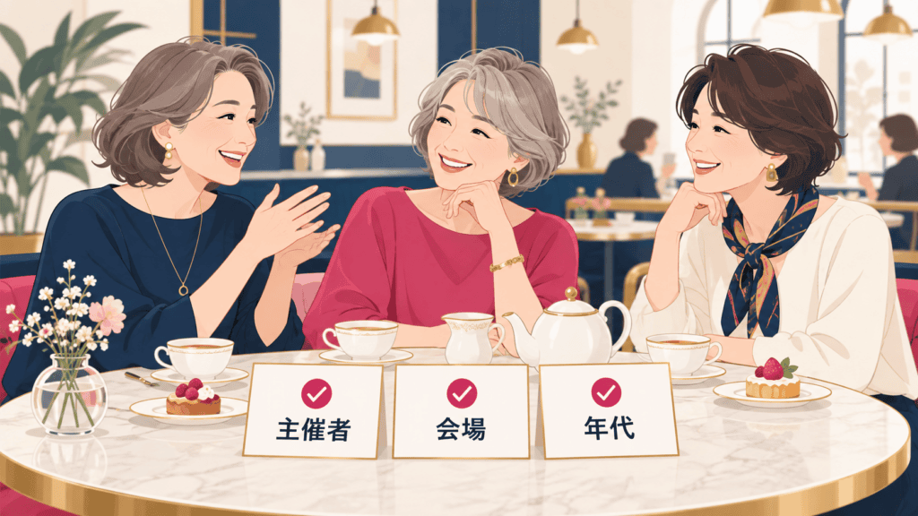 女性限定や50代向けの友活イベントで確かめたい3つの点(主催者・会場・年代)の図。