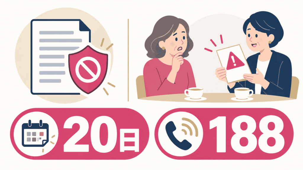 勧誘を禁止する規約と、マルチ商法の誘いのサイン、クーリング・オフ期間と相談先の番号を並べた図。