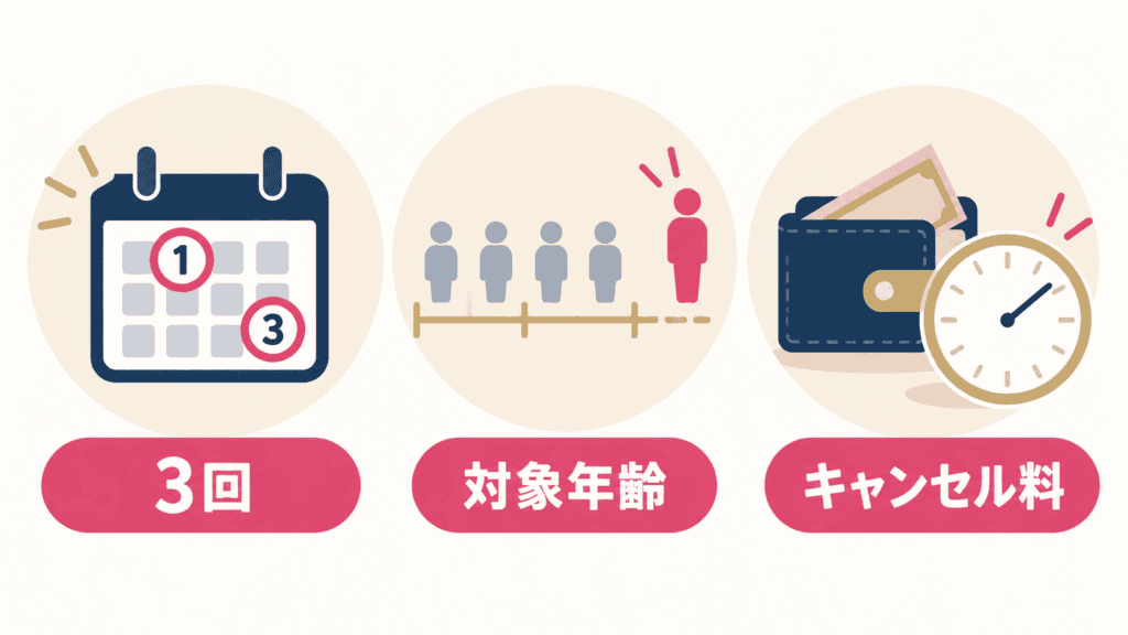 友活イベントで失敗しやすい3つの例(1回で判断する・対象年齢を見ない・キャンセル料を見落とす)の図。