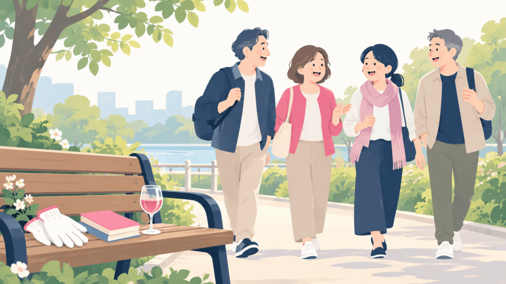 主催者と参加条件で選んだ友活イベントで、仲間と過ごす40〜50代の男女のイラスト。