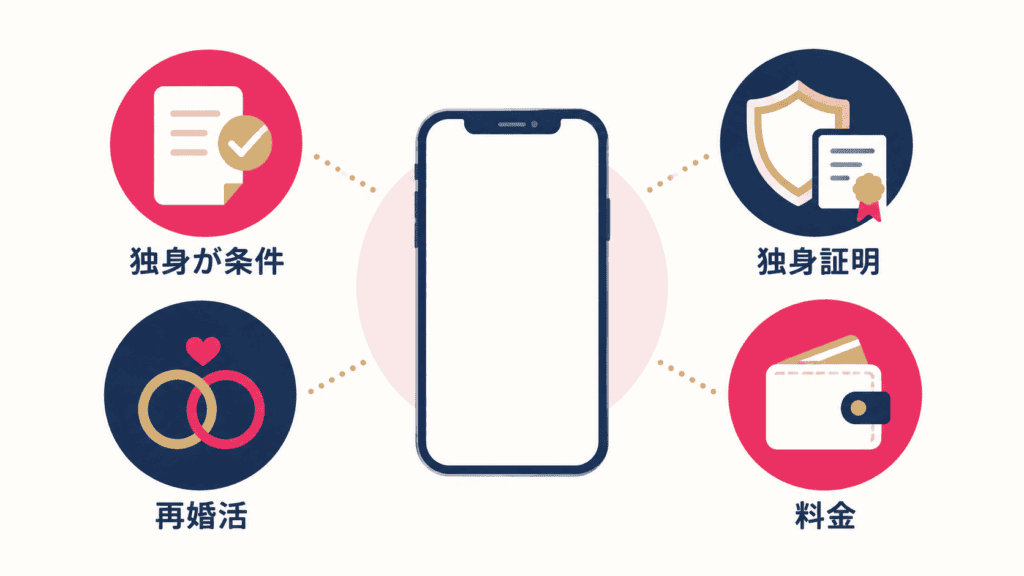 バツイチの方がマッチングアプリを選ぶときの4つの基準の図。