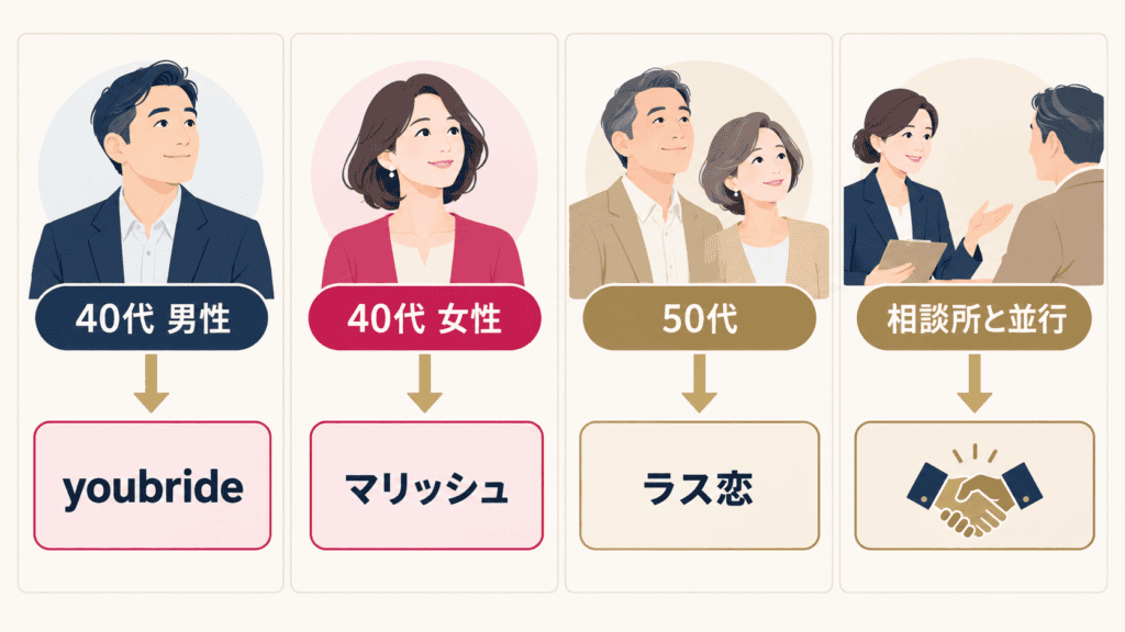性別・年代・進め方で分けた、バツイチのタイプ別のアプリ選びの図。
