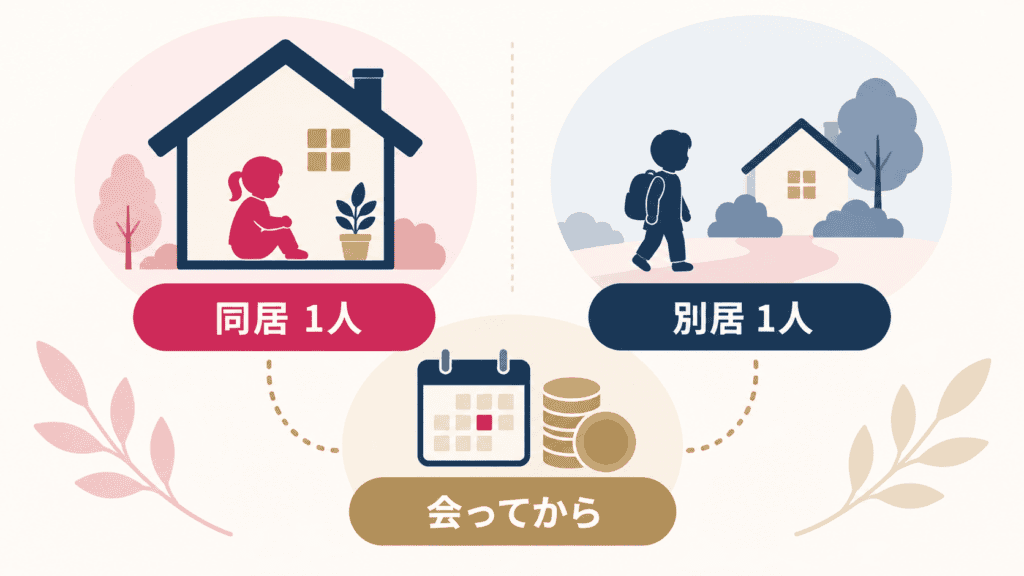 同居・別居の子どもの伝え方と、養育費・面会交流を話すタイミングを示した図。