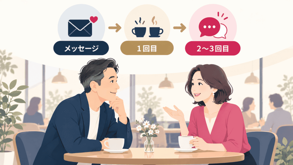 何度か会ってから離婚理由を話題にする流れを示したイラスト。