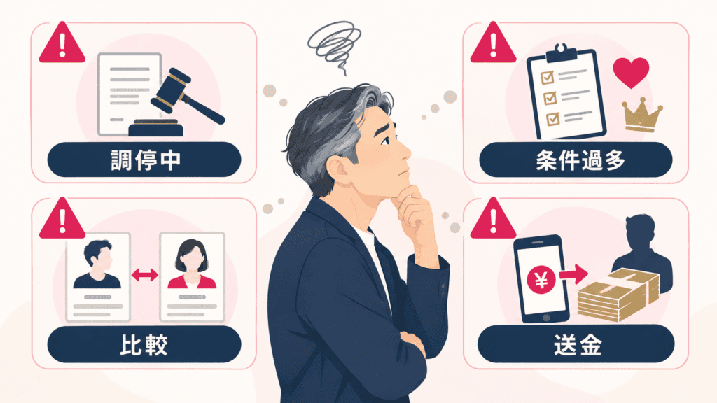 バツイチの再婚活で失敗しやすい4つのパターンを示した図。