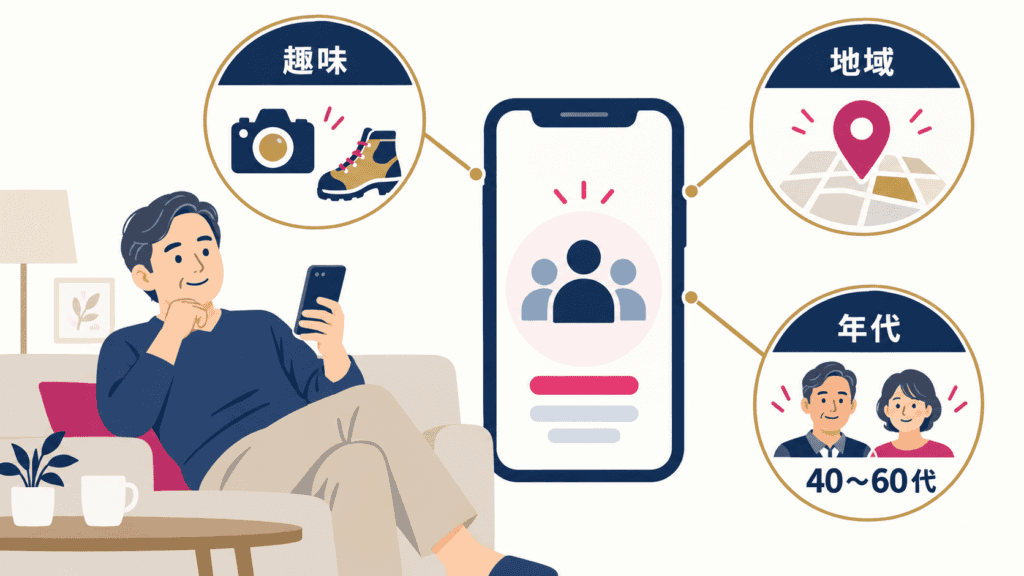 趣味・地域・年代の条件から友達を探すスマートフォンのイメージ図。
