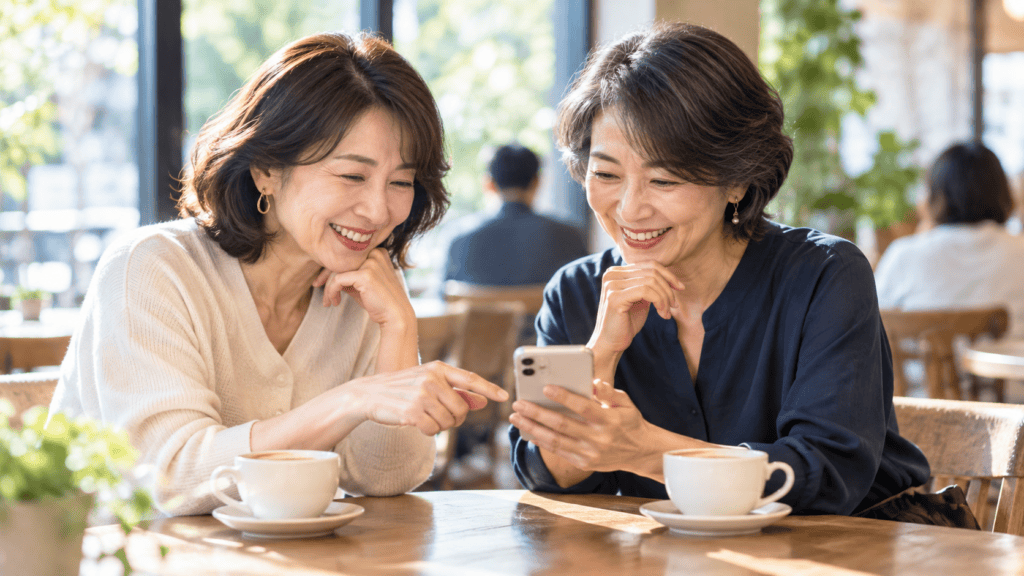 アプリで知り合った同年代の友達とカフェで話す大人の女性たちの写真。