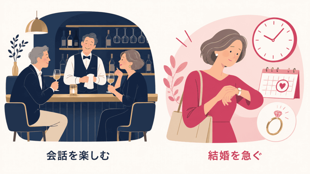 バーでの出会いが向く人(会話を楽しむ人)と向かない人(結婚を急ぐ人)を対比した図。