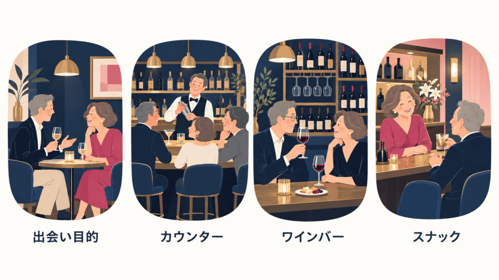 出会いを目的にした店・カウンターバー・ワインバー・スナックの4タイプを並べた図。