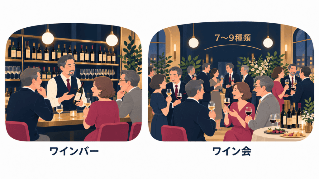 店の人を介して会話が広がるワインバーと、参加者全員が交流を目的に集まるワイン会の対比。