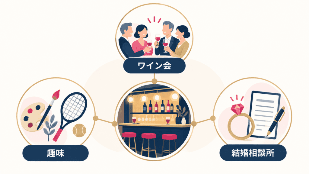 バーでの出会いをワイン会・趣味・結婚相談所と組み合わせる図。