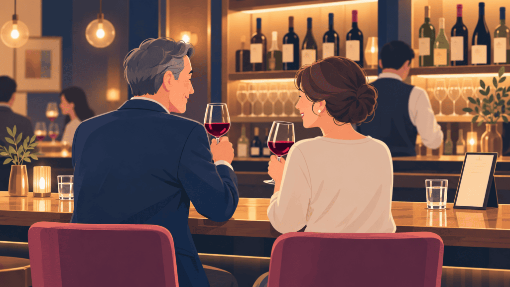 店のタイプと会計を確かめたうえで、バーでの会話を楽しむ50代の男女のイラスト。