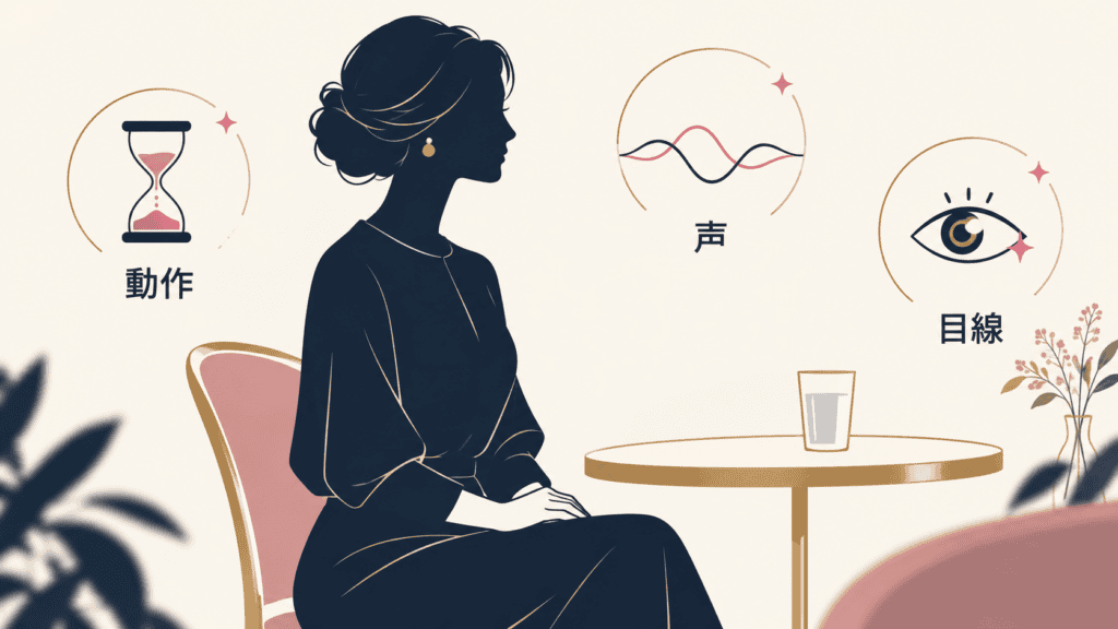 動作・声・目線の3つのポイントを示したイラスト。