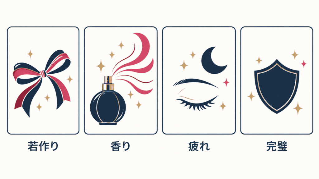 色気を遠ざけやすい4つの原因を並べたカード図。