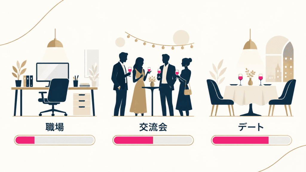 職場・交流会・デートで色気の出し方の度合いを変えるイメージ図。