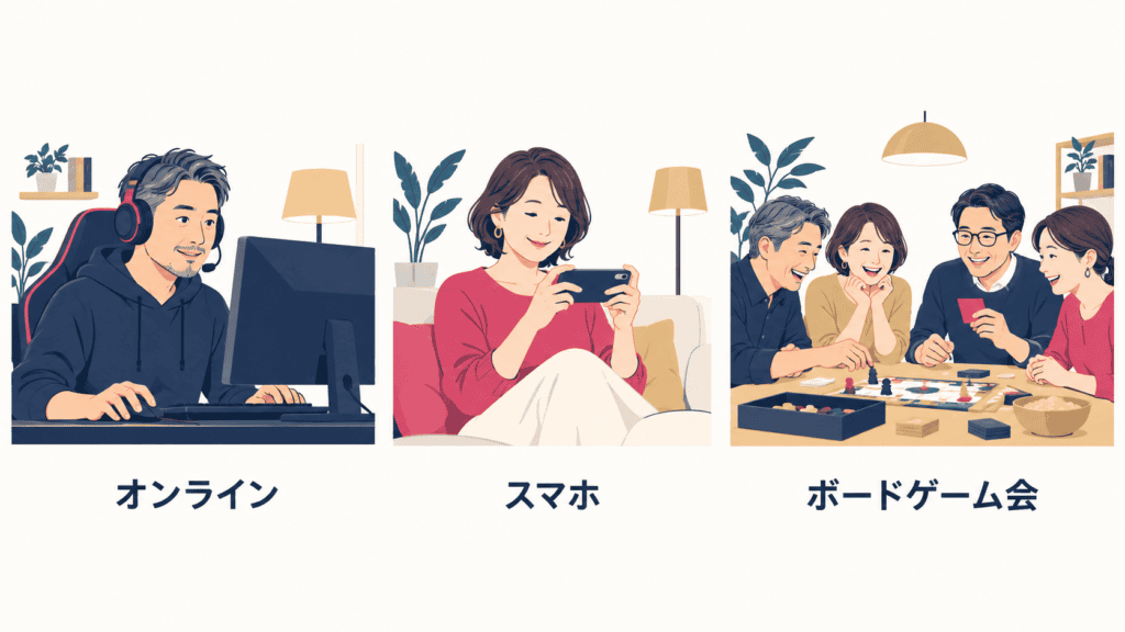 オンラインゲーム・スマホゲーム・ボードゲーム会の3つの遊び方を並べたイラスト。