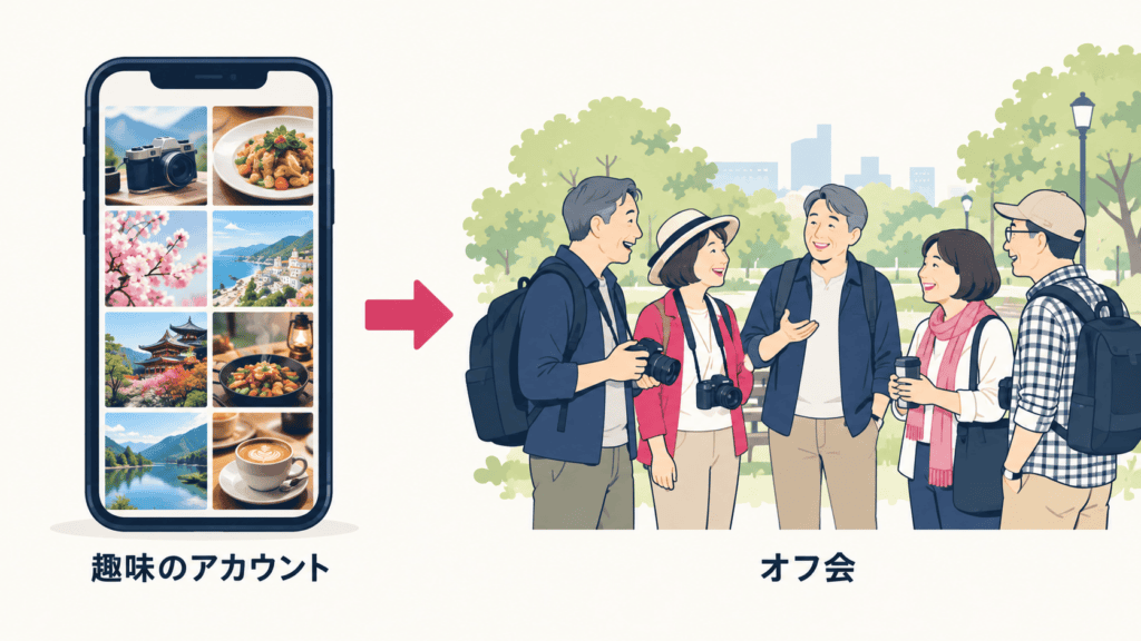 趣味のアカウントでつながり、複数人のオフ会で顔を合わせる流れのイラスト。